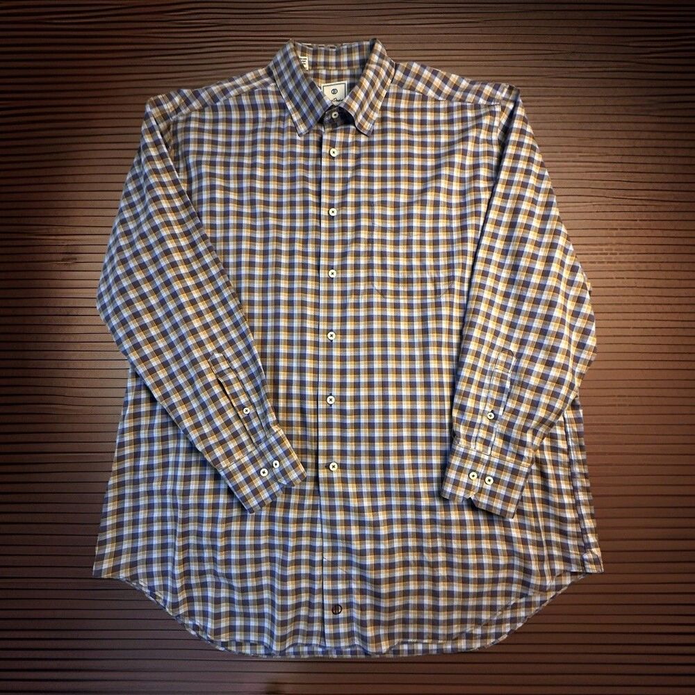 David Donahue Men's Long Sleeve Button Down Blue and Brown plaid Shirt